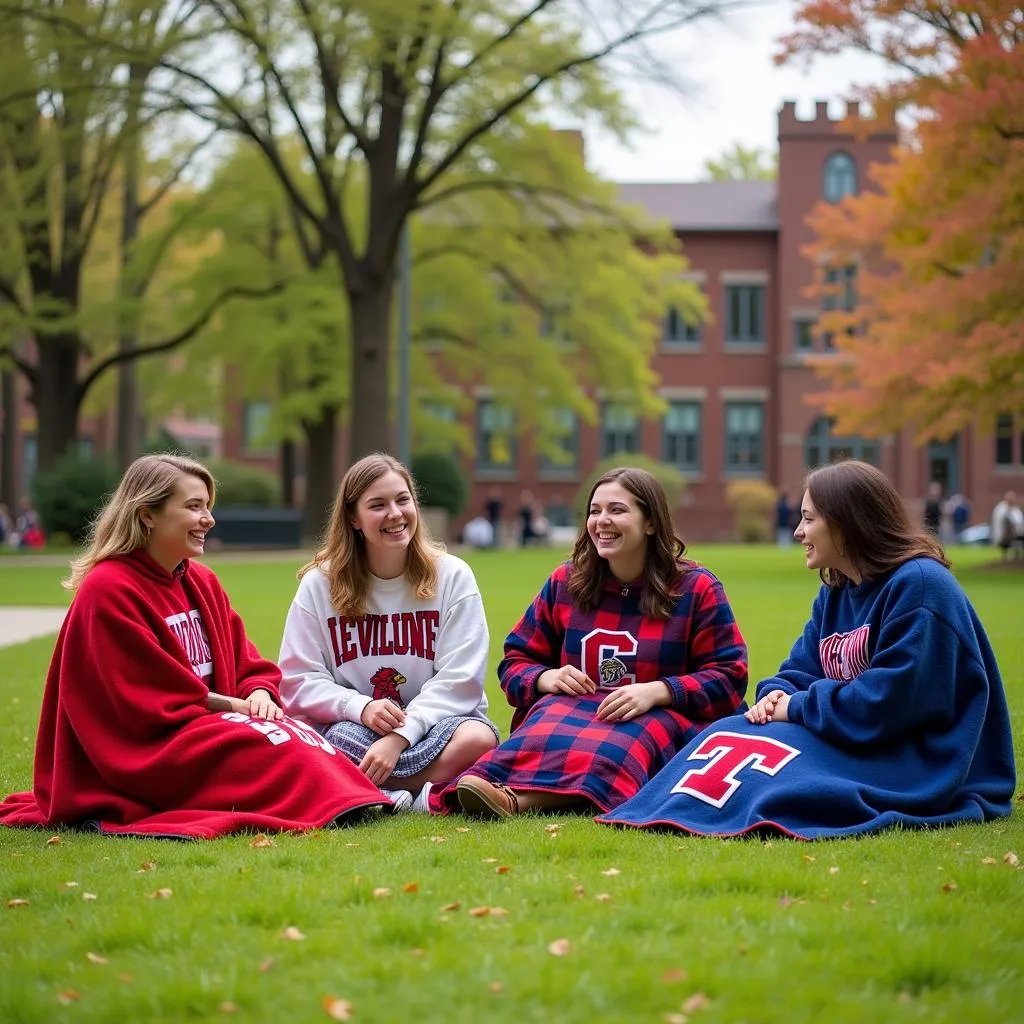 Students wrapped in collegiate throw blankets