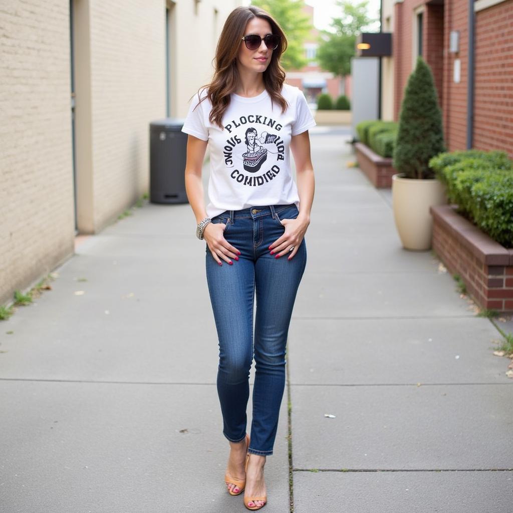 A person wearing a retro Budweiser t-shirt styled with jeans and a denim jacket.