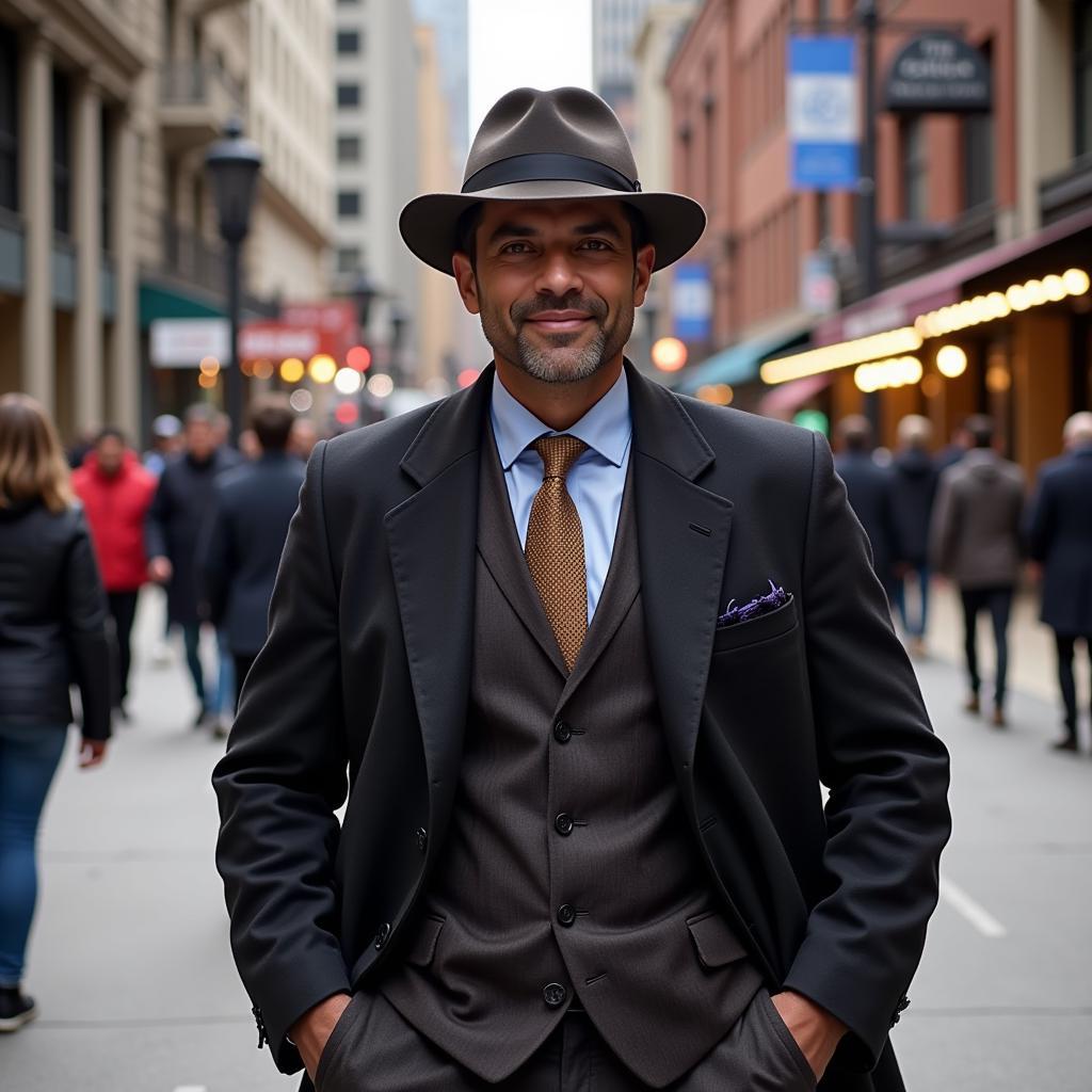 A man wearing a stylish Dobbs hat while walking down the streets of Chicago