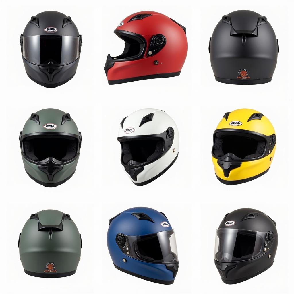 Different styles of motorcycle polo helmets on display.