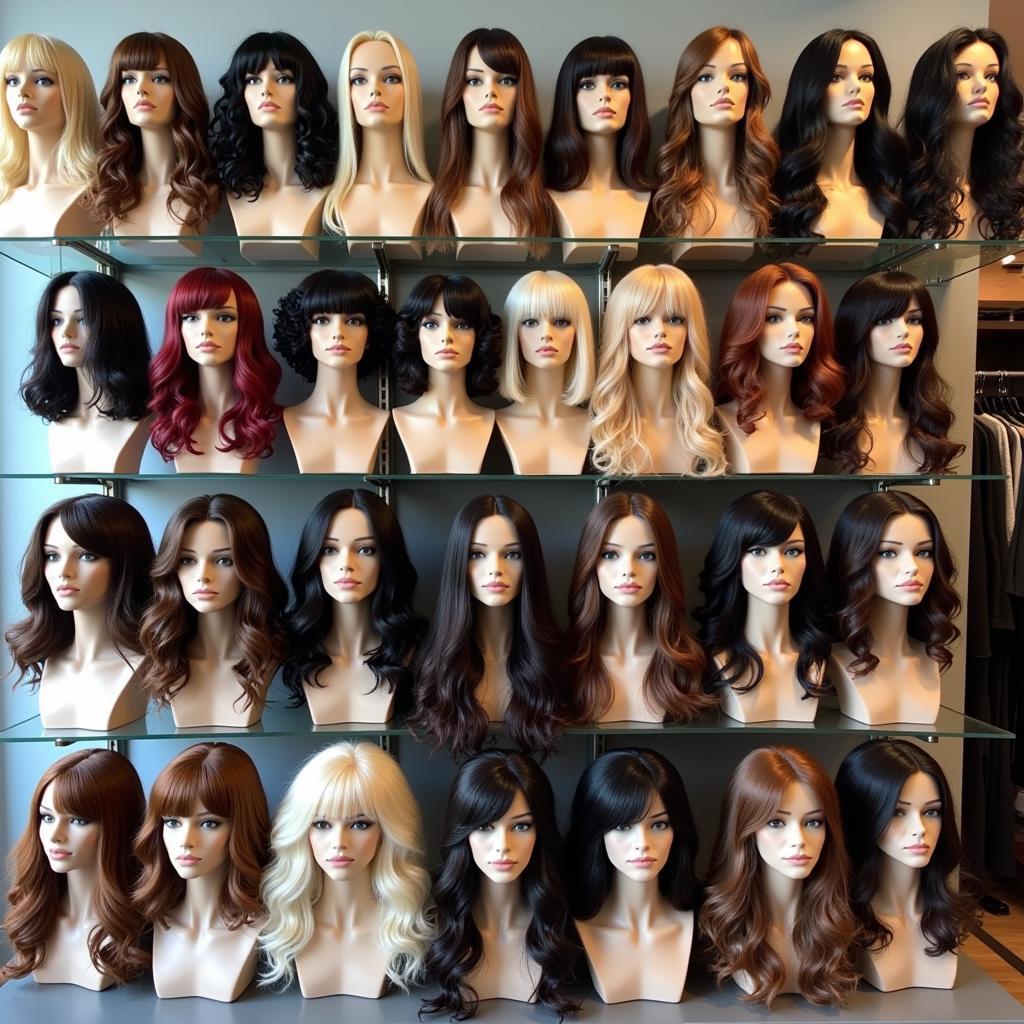 Stylish wigs displayed in a Chicago store