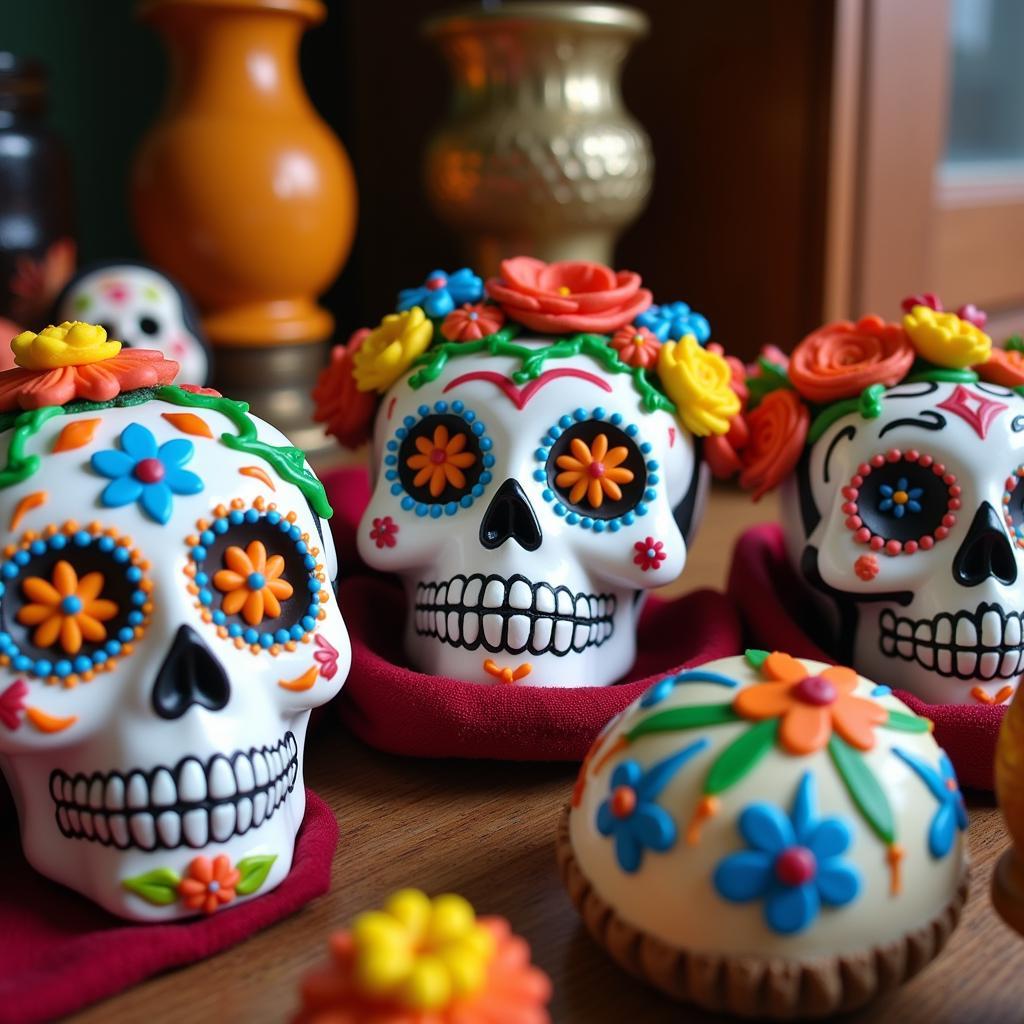 Colorful sugar skull decorations adorn a Dia de los Muertos altar in Kansas City