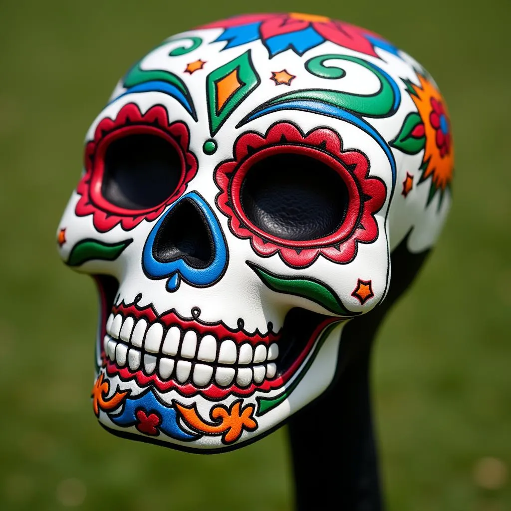 Close-up of a vibrant sugar skull golf head cover with intricate details