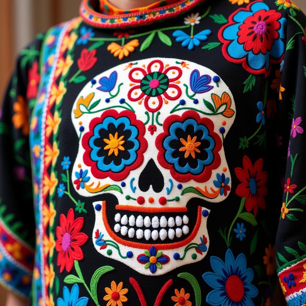 Close-up of a sugar skull poncho design