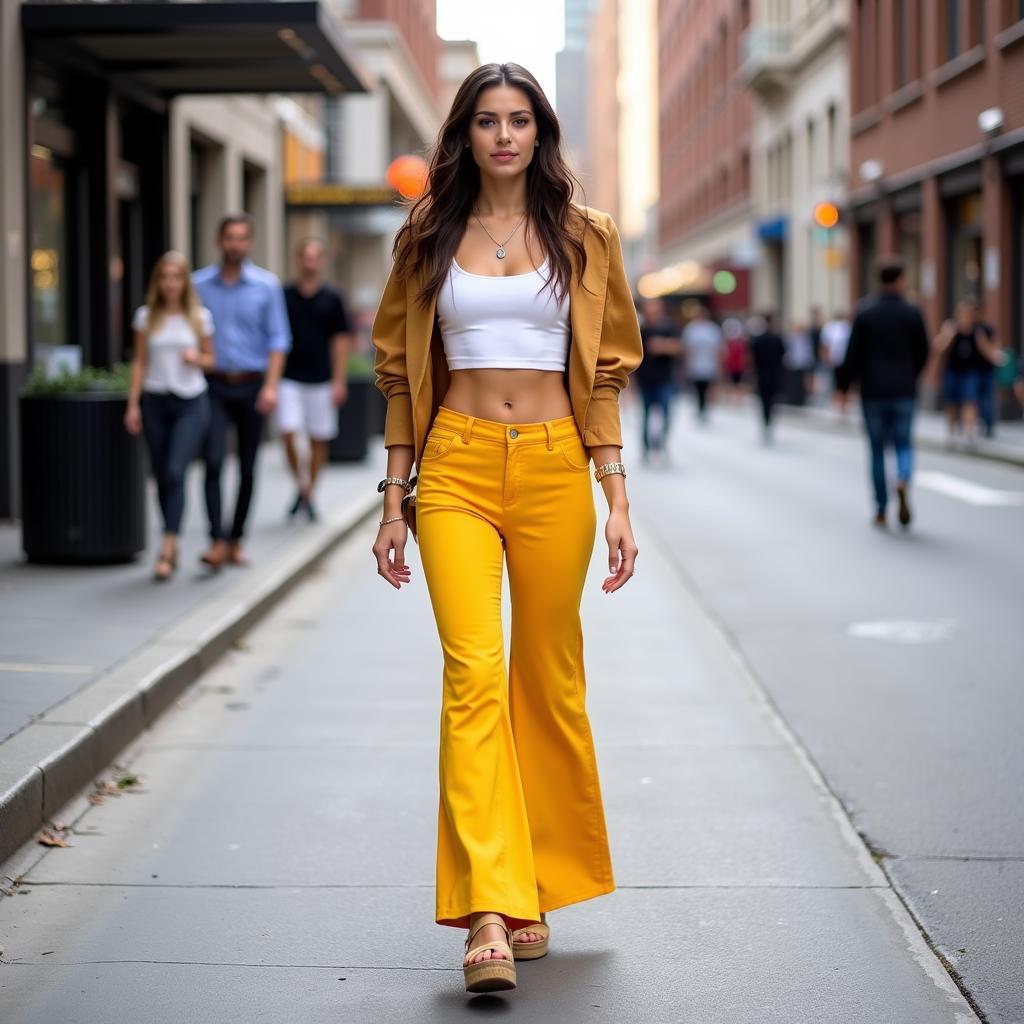 Fashionable woman rocking sunflower bell bottoms