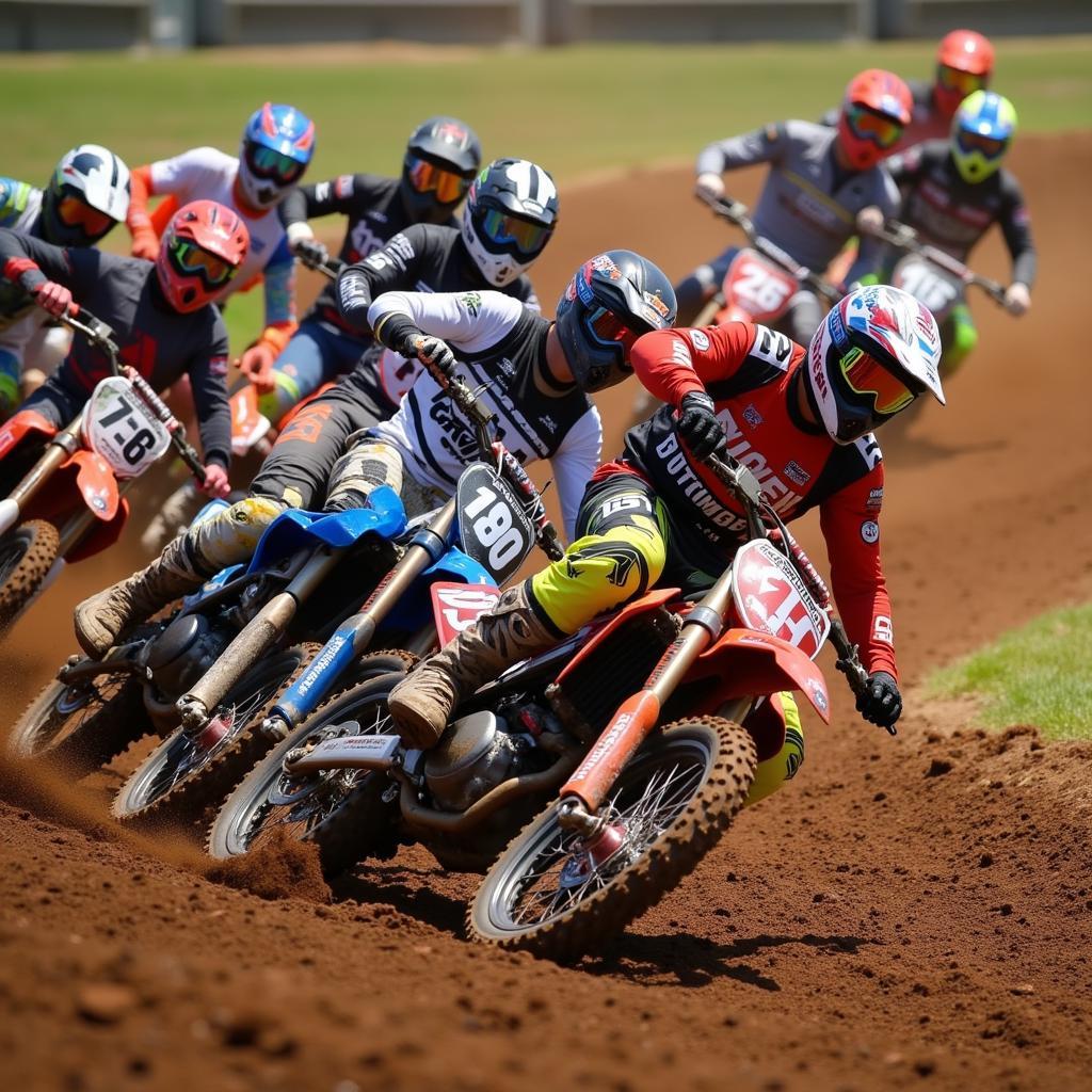 Supercross riders sporting vibrant jerseys during a race