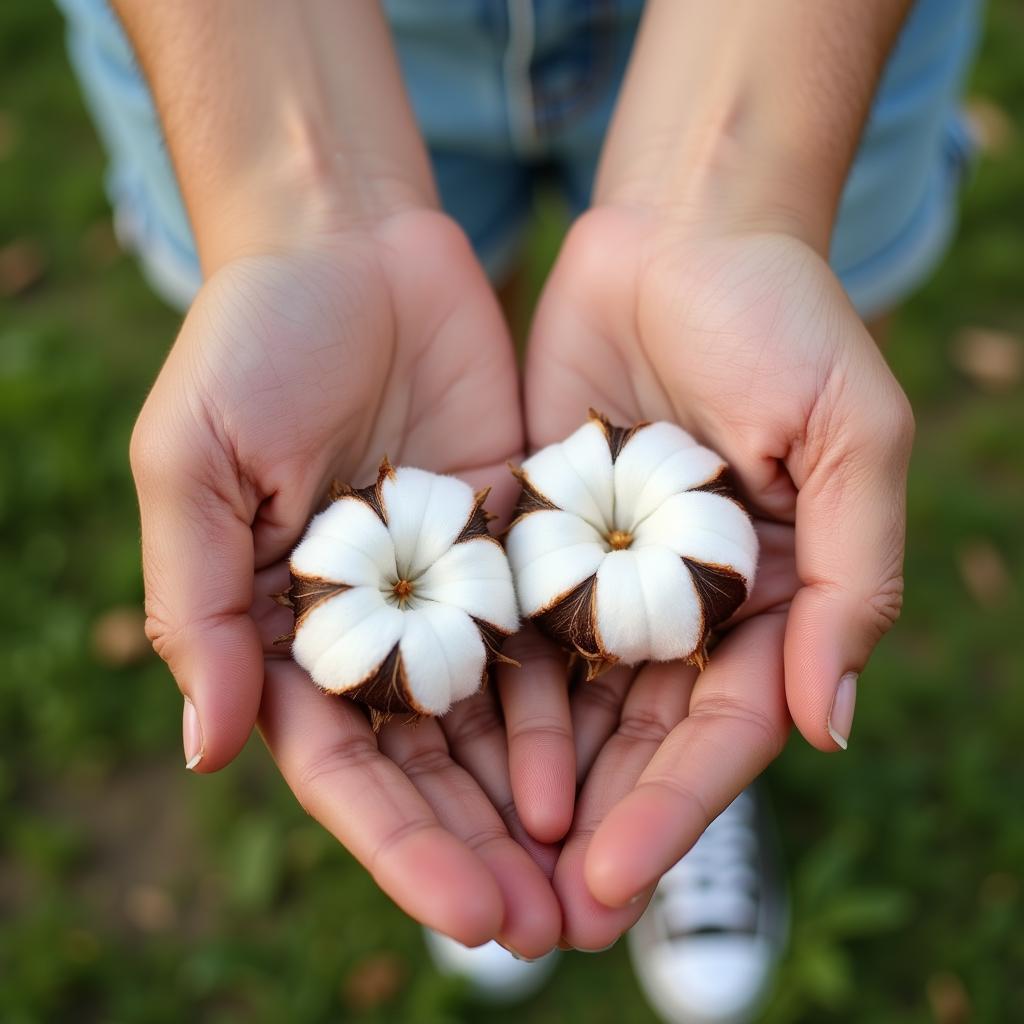 Close-up of hands holding organic cotton bolls and recycled plastic bottles.