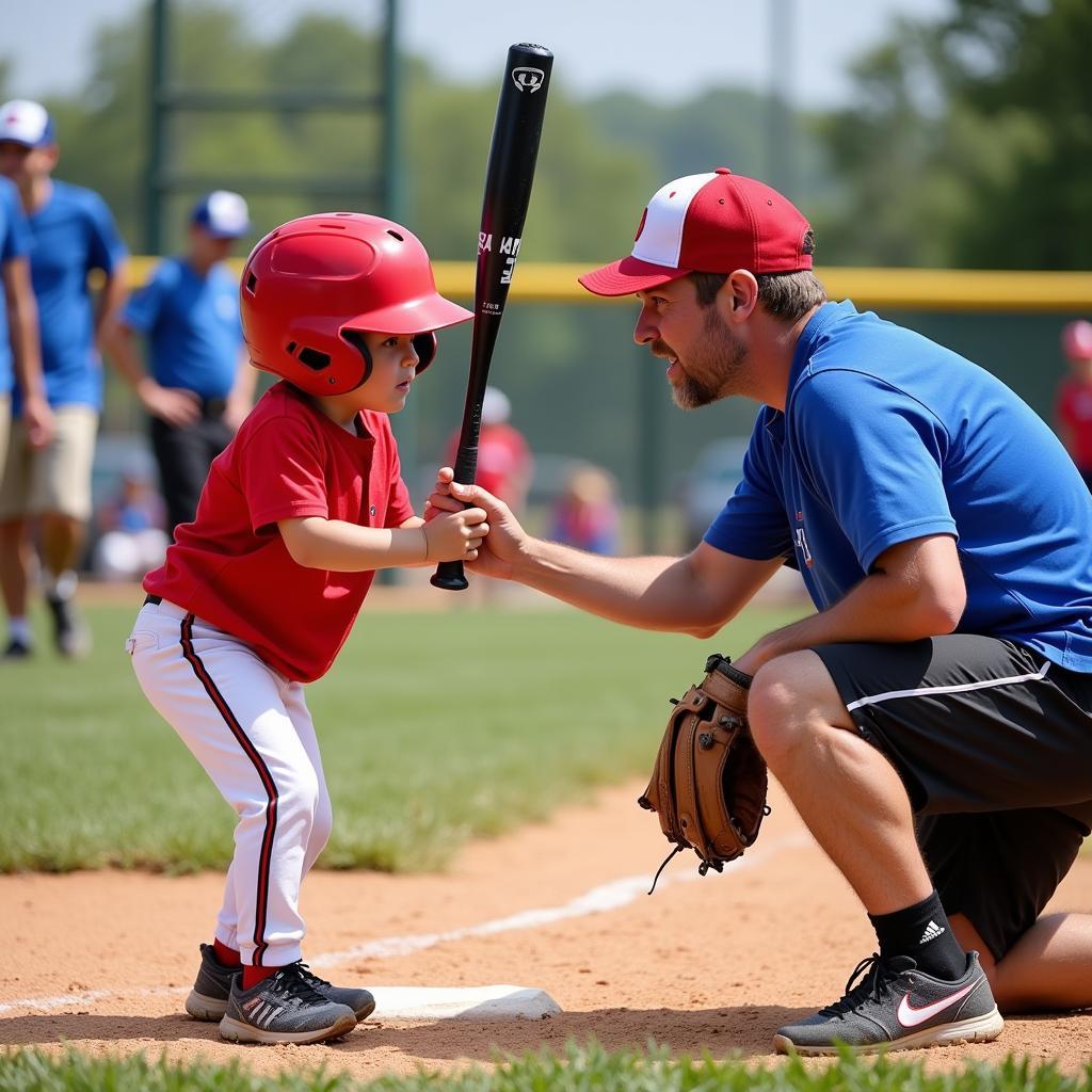 Young T Ball Player Receiving Guidance from Mentor