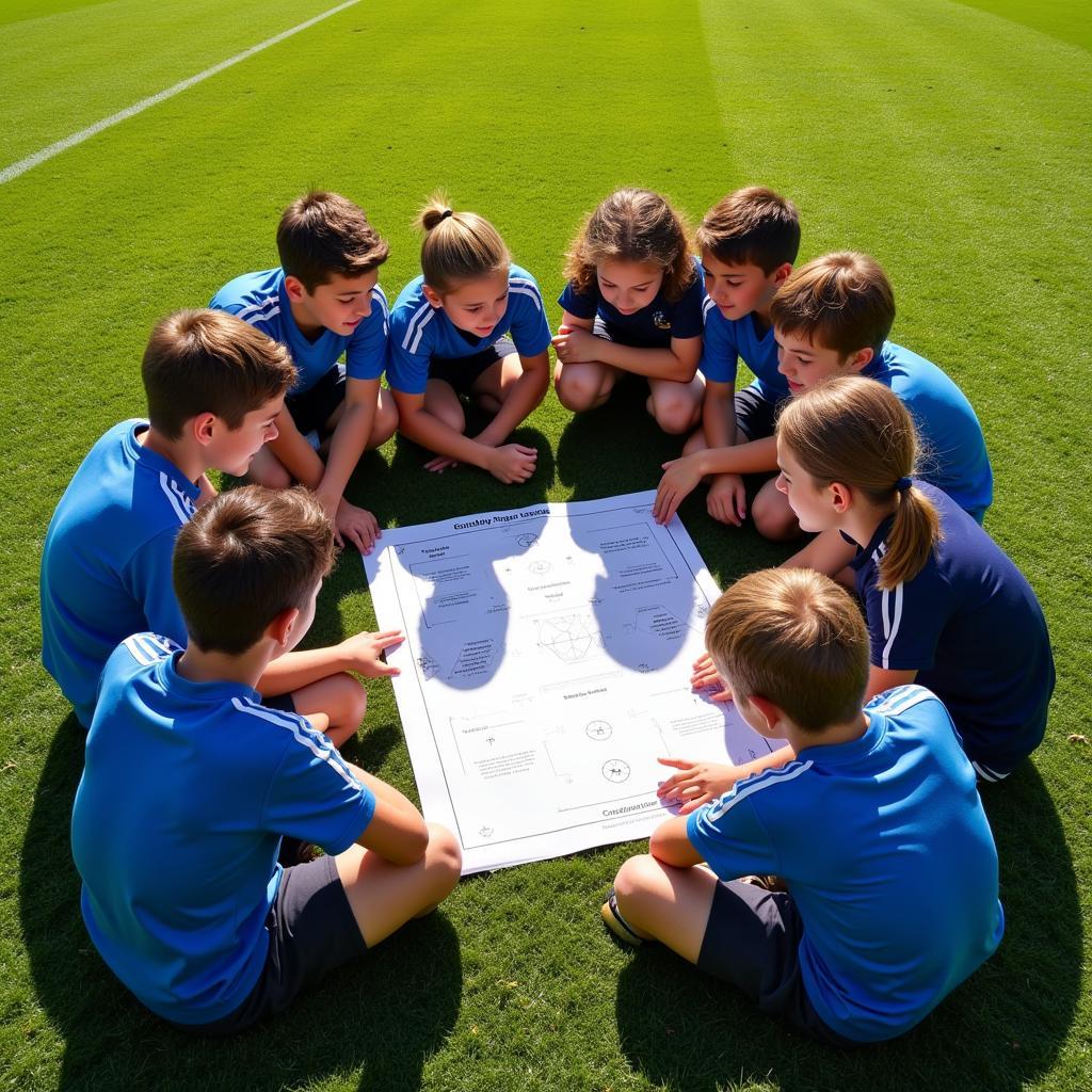 Footballers analyzing tactics on a pitch