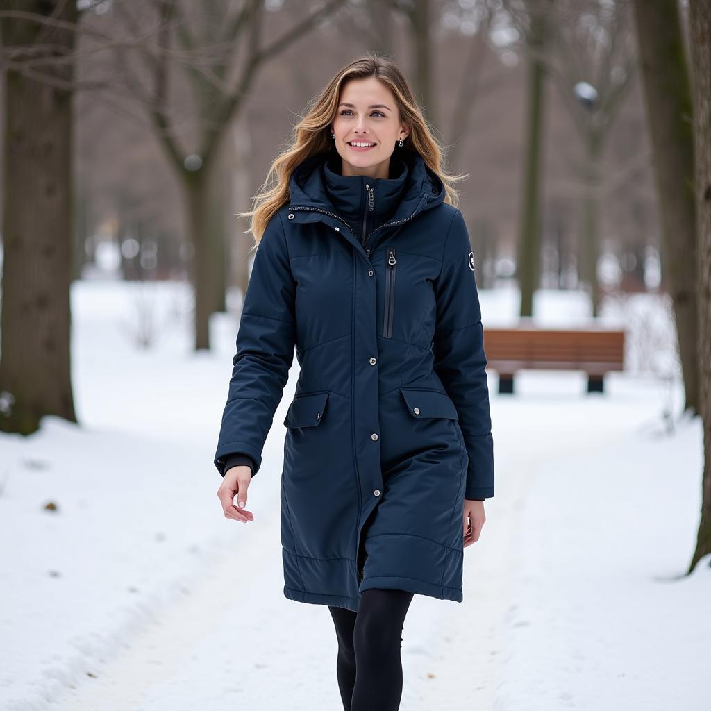 Woman wearing a Taion parka on a snowy day