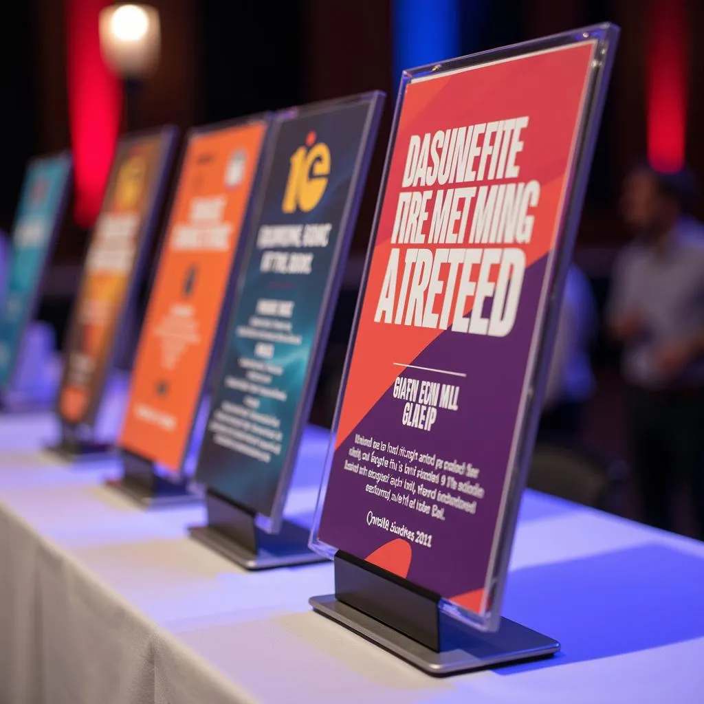 Tall table sign holders displaying event signage