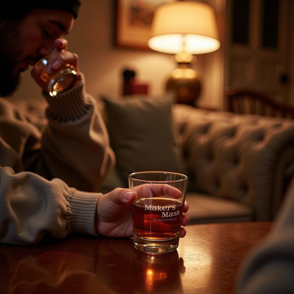 A person savoring the flavors of Makers Mark bourbon