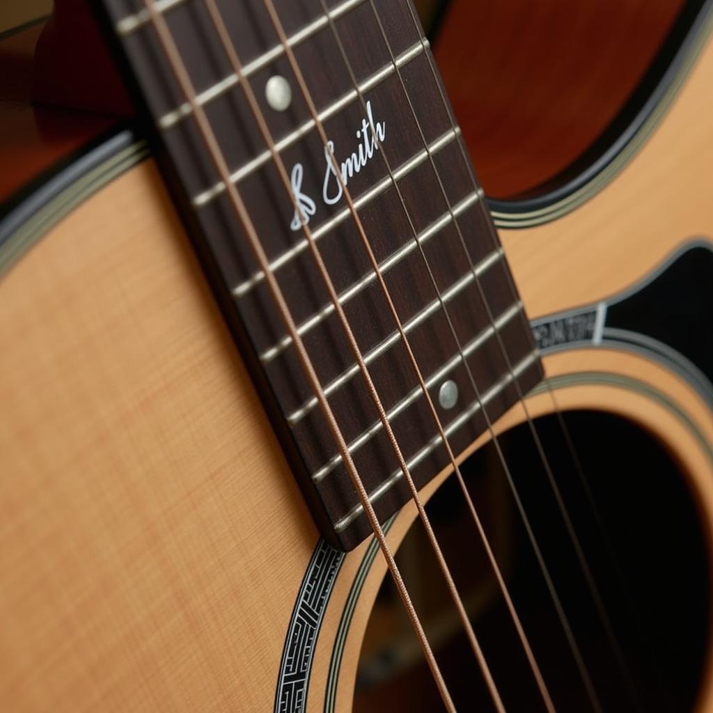 Close-up of a Taylor Smith acoustic guitar highlighting its key features.