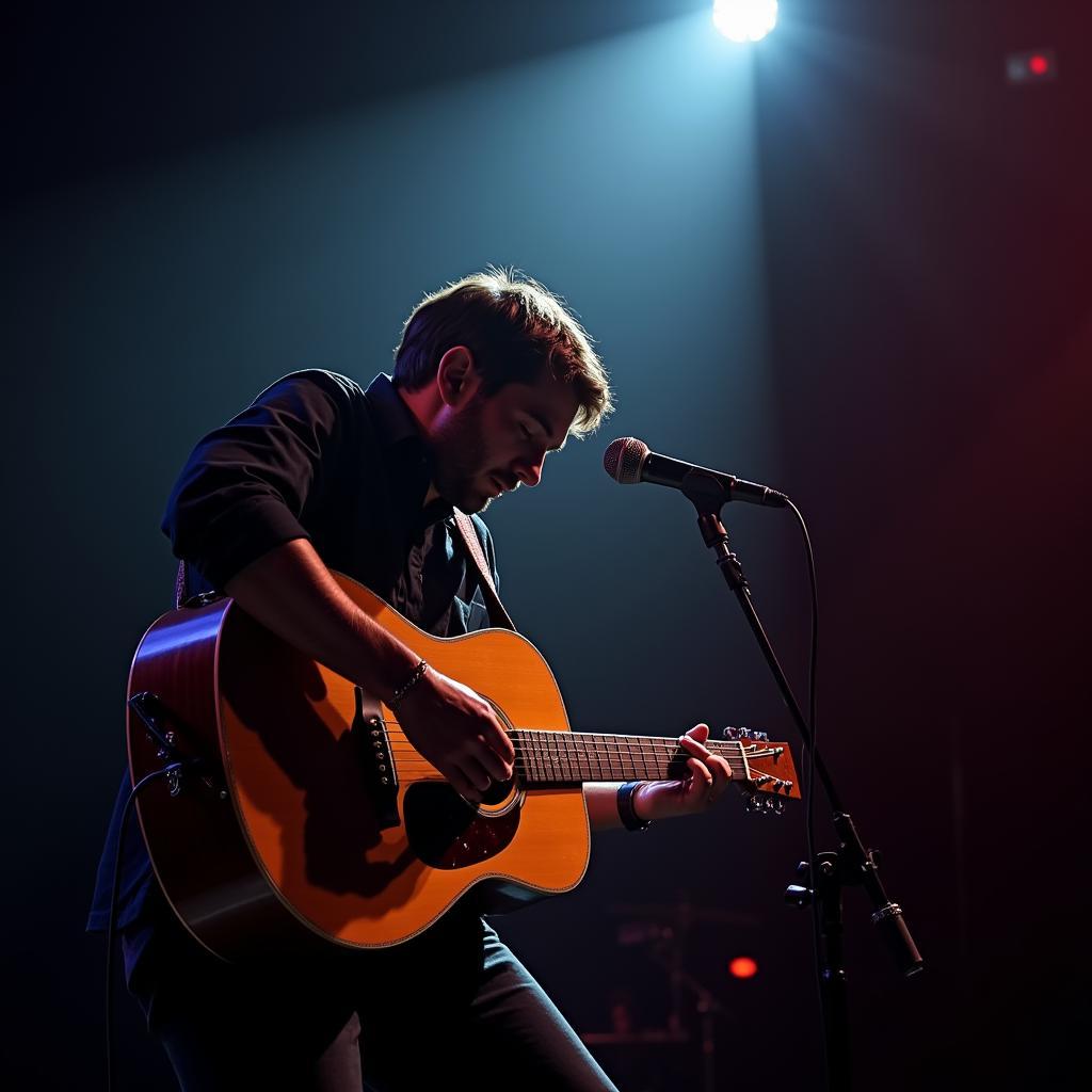 A musician playing a Taylor Versatile guitar during a live performance.