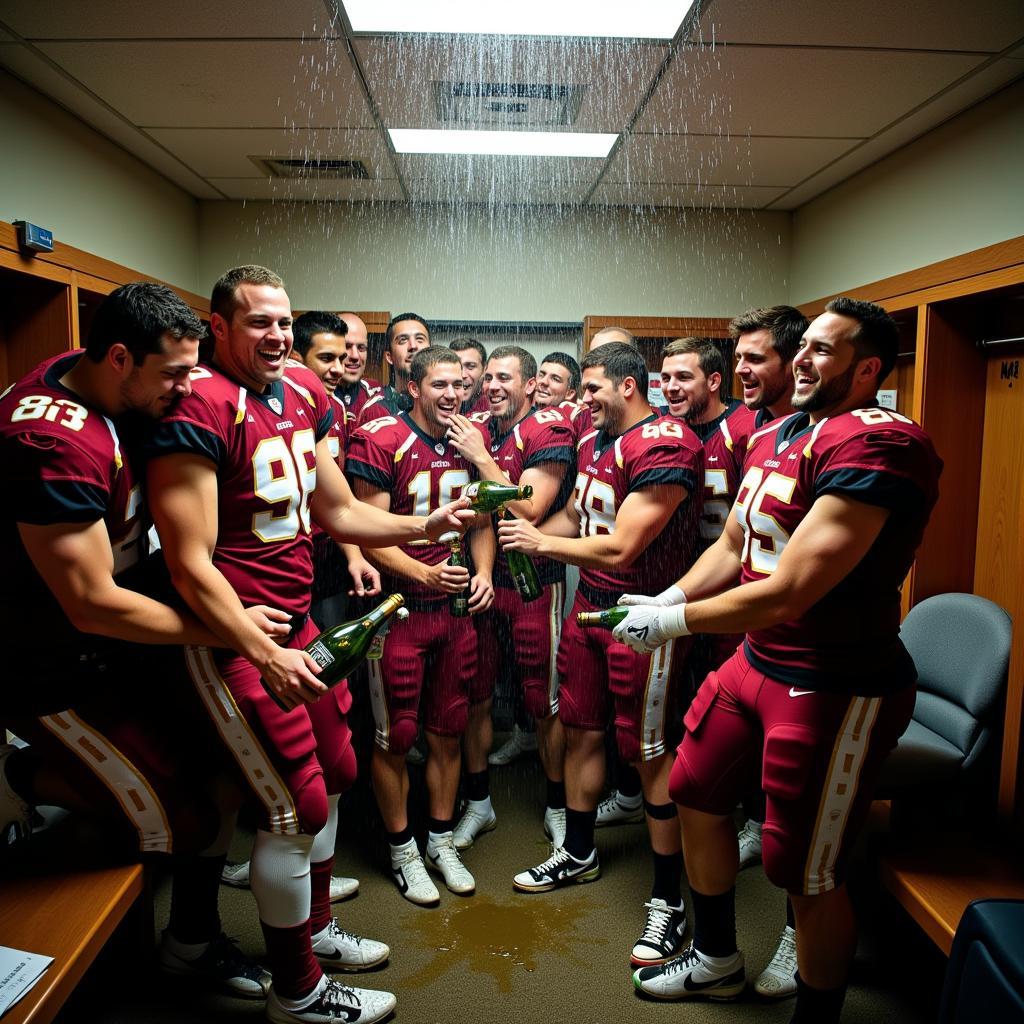 Team celebrating a victory in the locker room