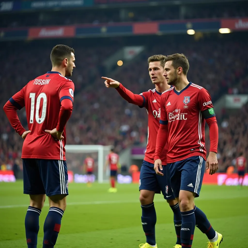 Football players communicating during a match