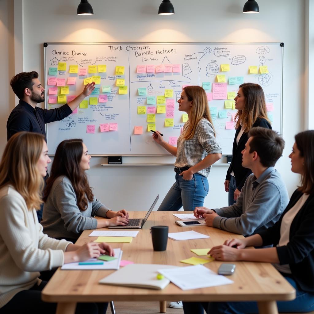 Team members brainstorming ideas on a whiteboard during a meeting