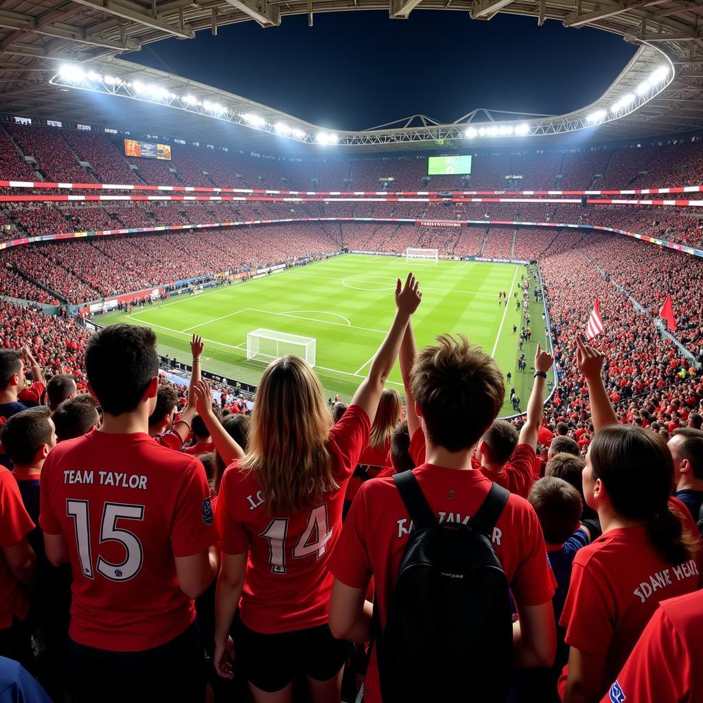 Fans wearing Team Taylor shirts at a crowded stadium