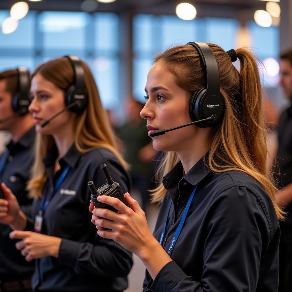 A team using walkie-talkies to coordinate during a large event