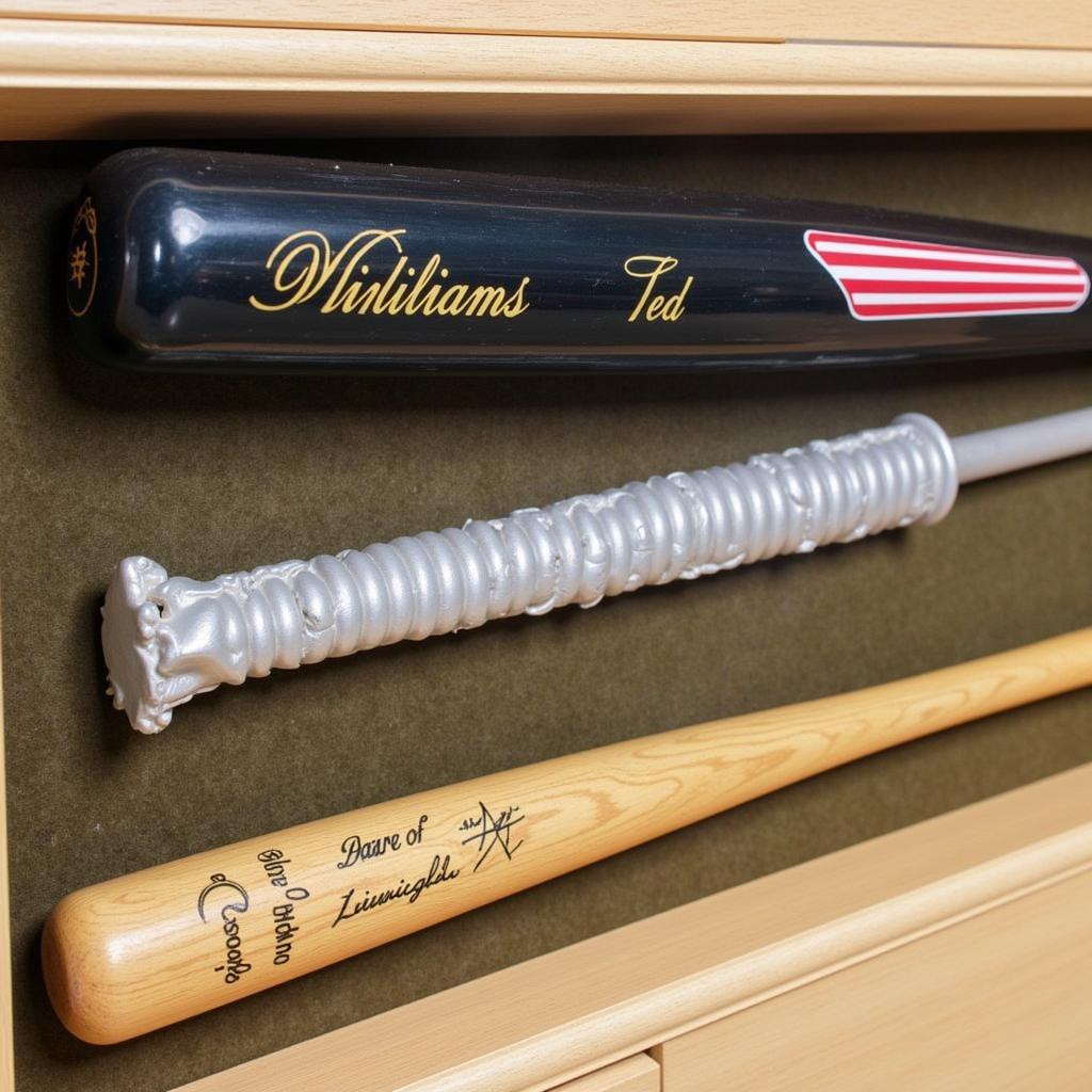 Ted Williams autographed bat displayed in a protective case