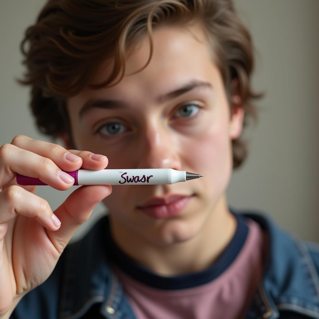 A teenager sitting at a desk writing in a notebook with a profanity pen.