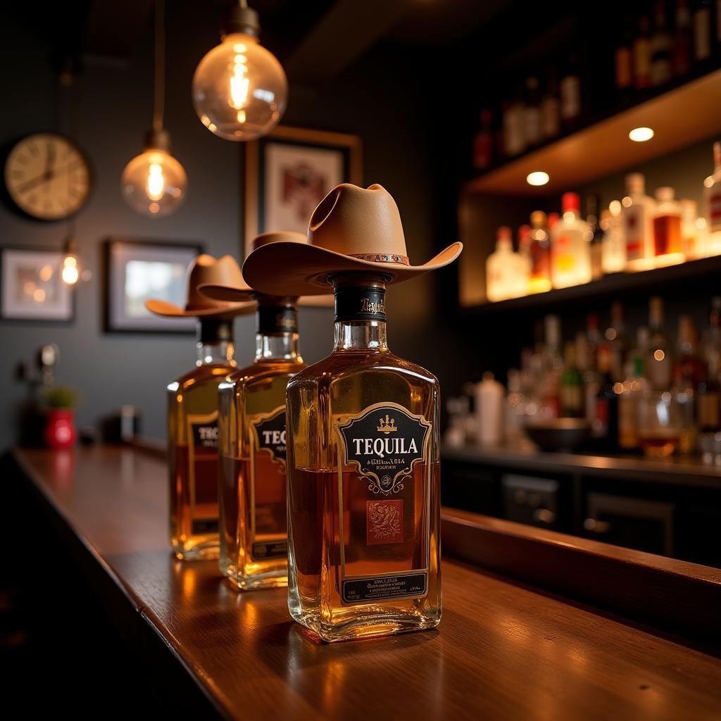 Tequila Bottle with Cowboy Hat on Bar Counter