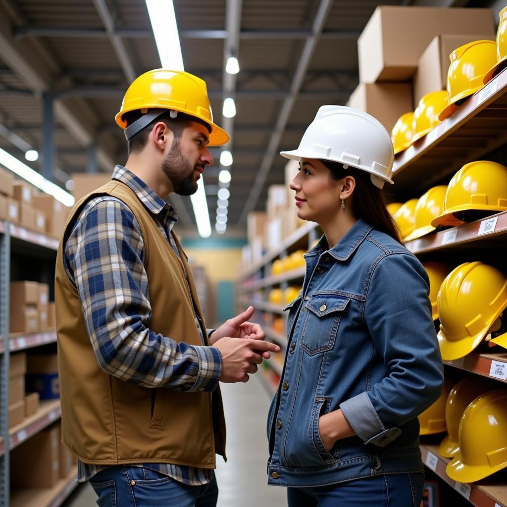 A Texan worker being advised on different hard hat options