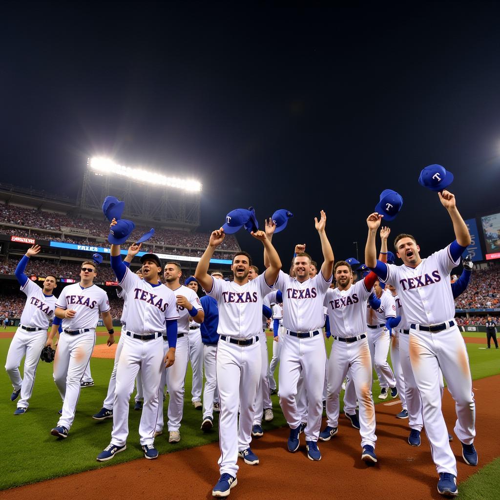 Texas Rangers players celebrating with upside down hats