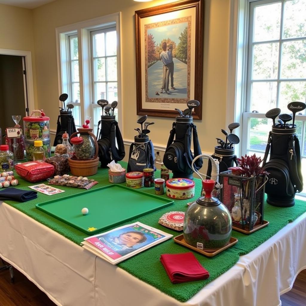 A table filled with golf-themed prizes and decorations