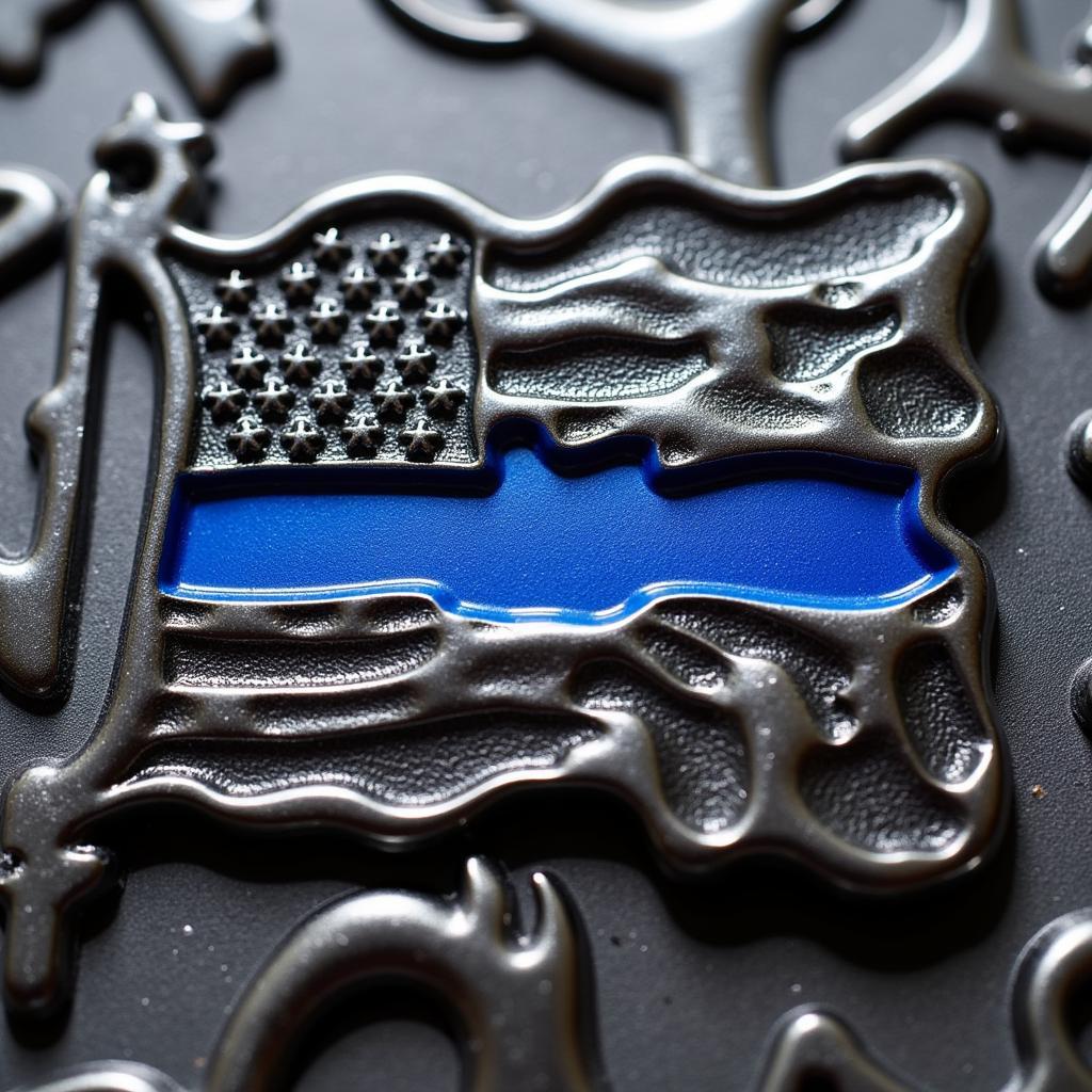 Close-up of a thin blue line flag metal decal