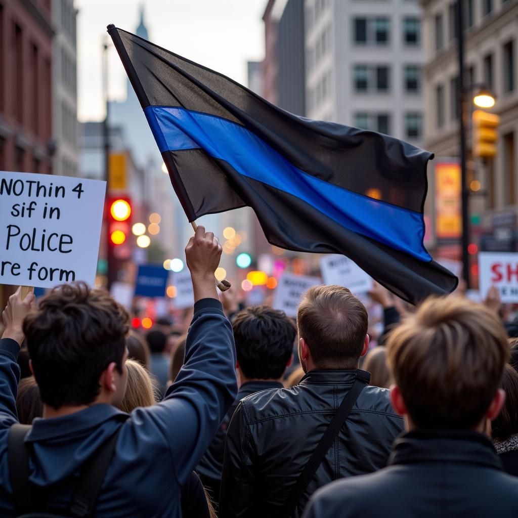 Thin Blue Line Flag at a Protest