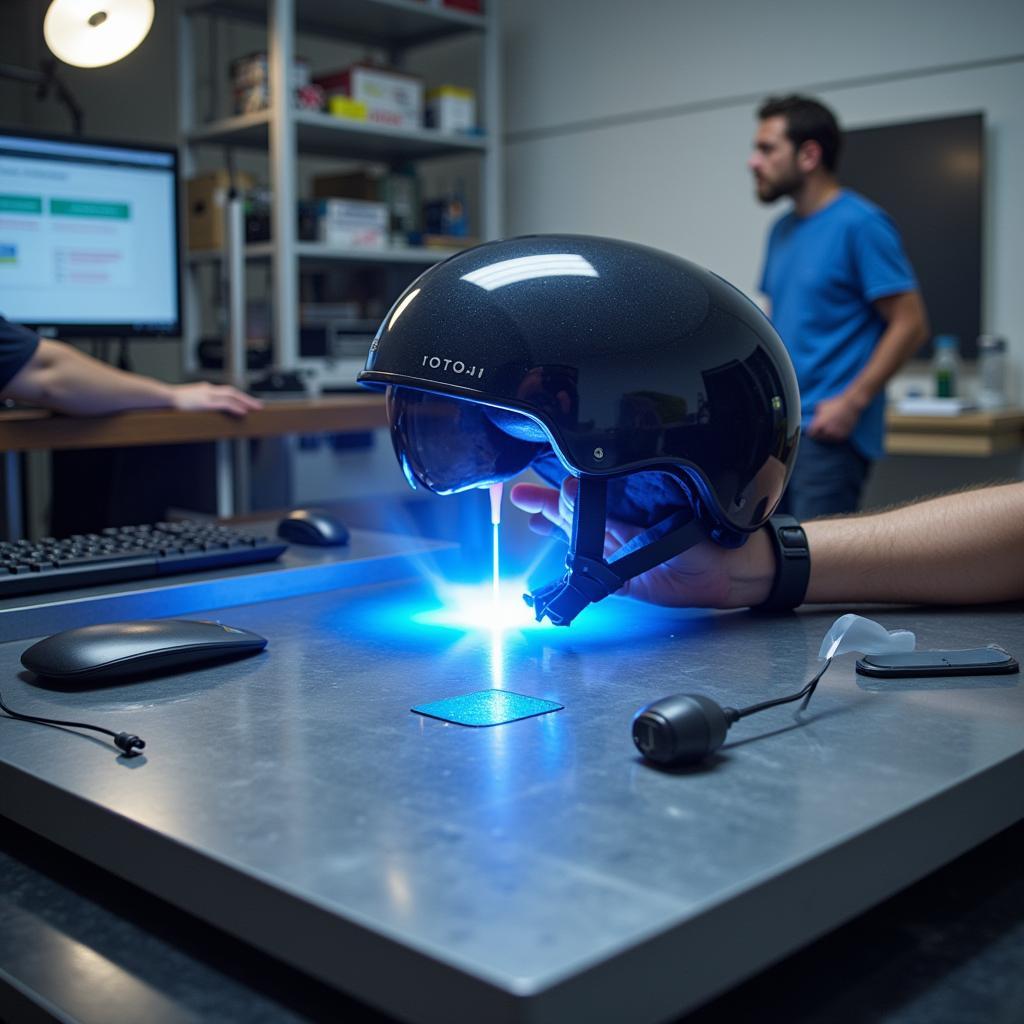 Thin helmet undergoing an impact absorption test in a laboratory