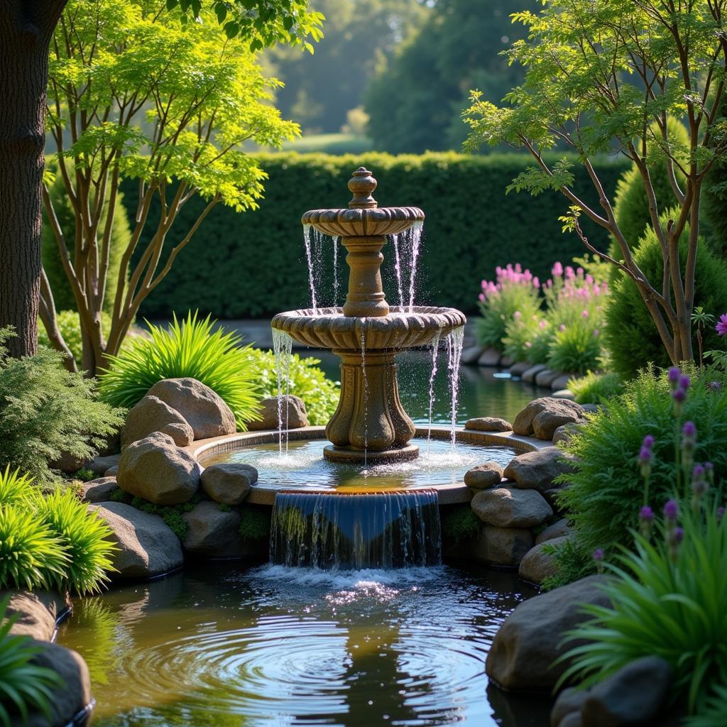 Three Tier Waterfall Fountain in a Garden Setting