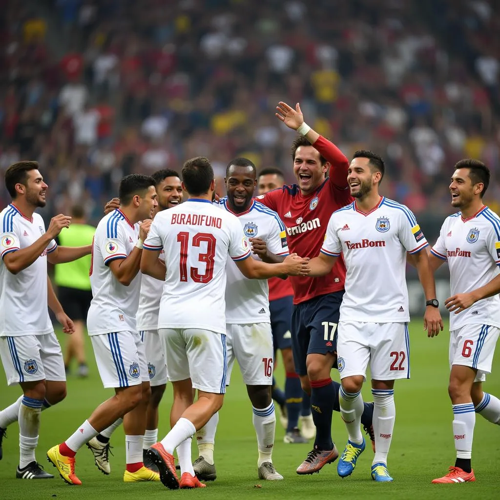 Tigres players celebrating a championship victory in their classic white jerseys