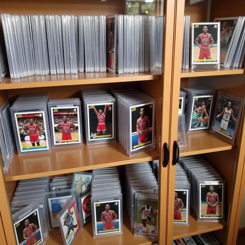 A display case showcasing a collection of Topps Stadium Club Michael Jordan cards