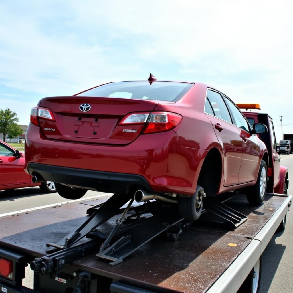 A red car being towed away by a tow truck.