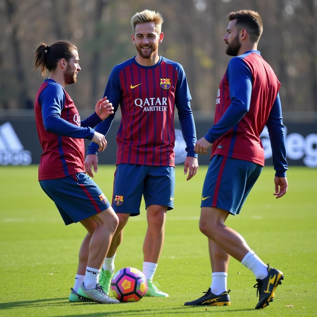 Frenkie de Jong practicing passing drills with teammates