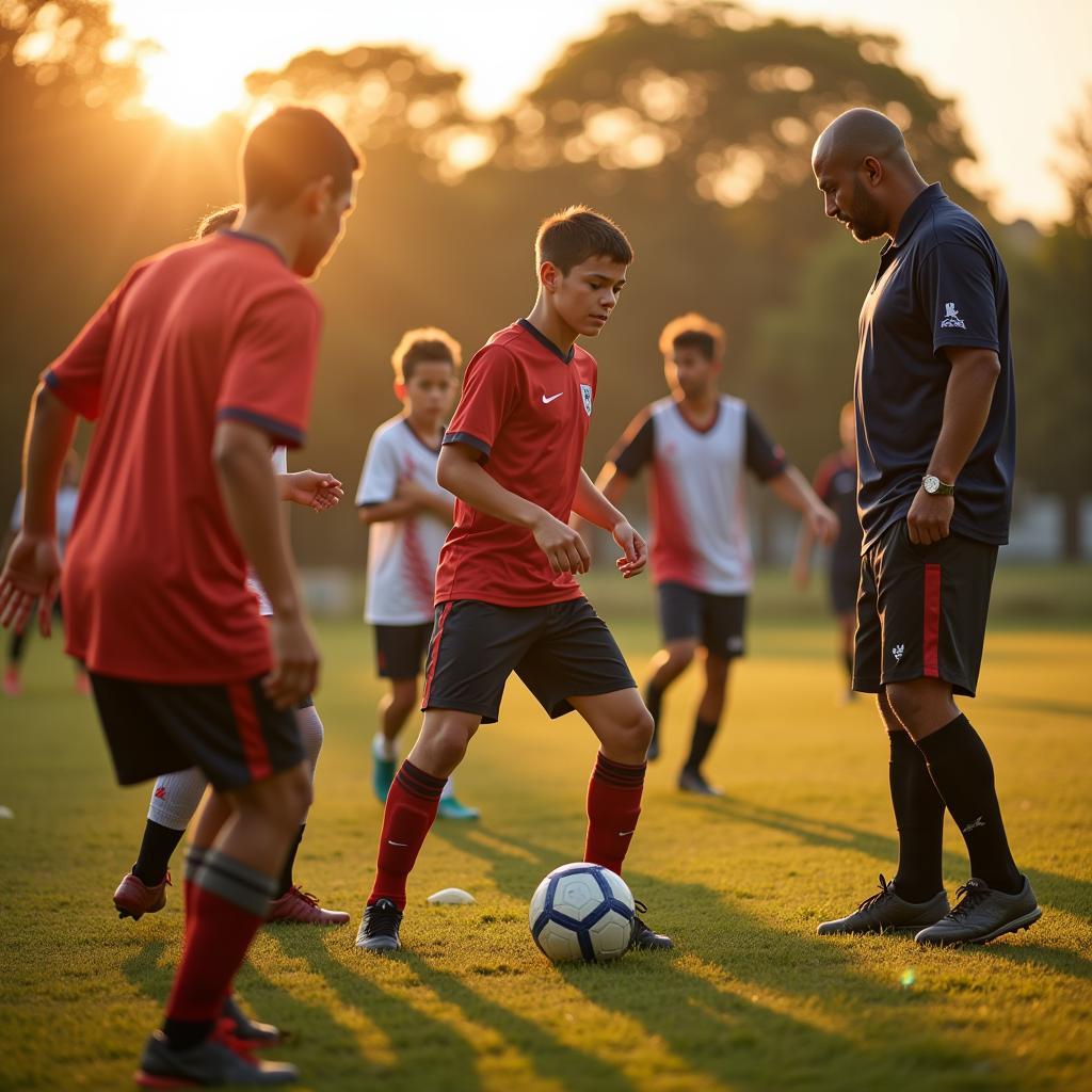 Young footballers practicing drills on a sunny training ground