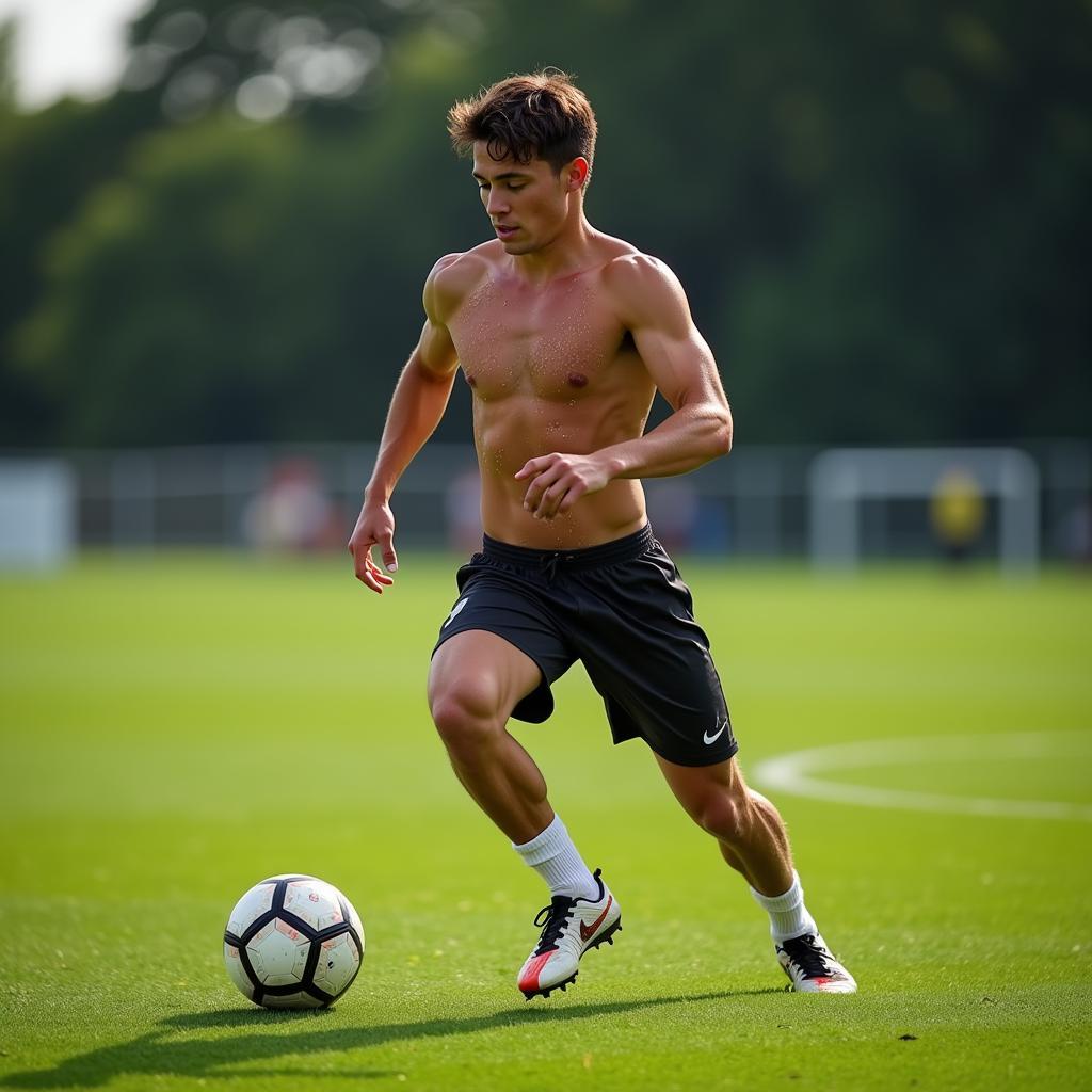 A young athlete trains intensely on a football pitch, his face etched with determination