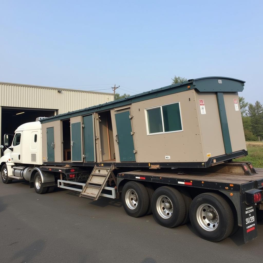 A flatbed truck transports a disassembled S-250 military shelter, demonstrating its portability and ease of relocation.