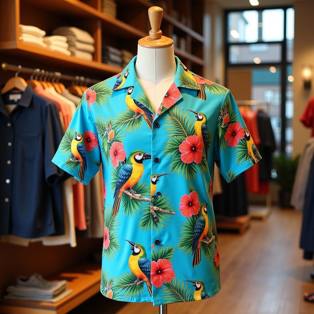 Mannequin showcasing a vibrant tropical bird hawaiian shirt