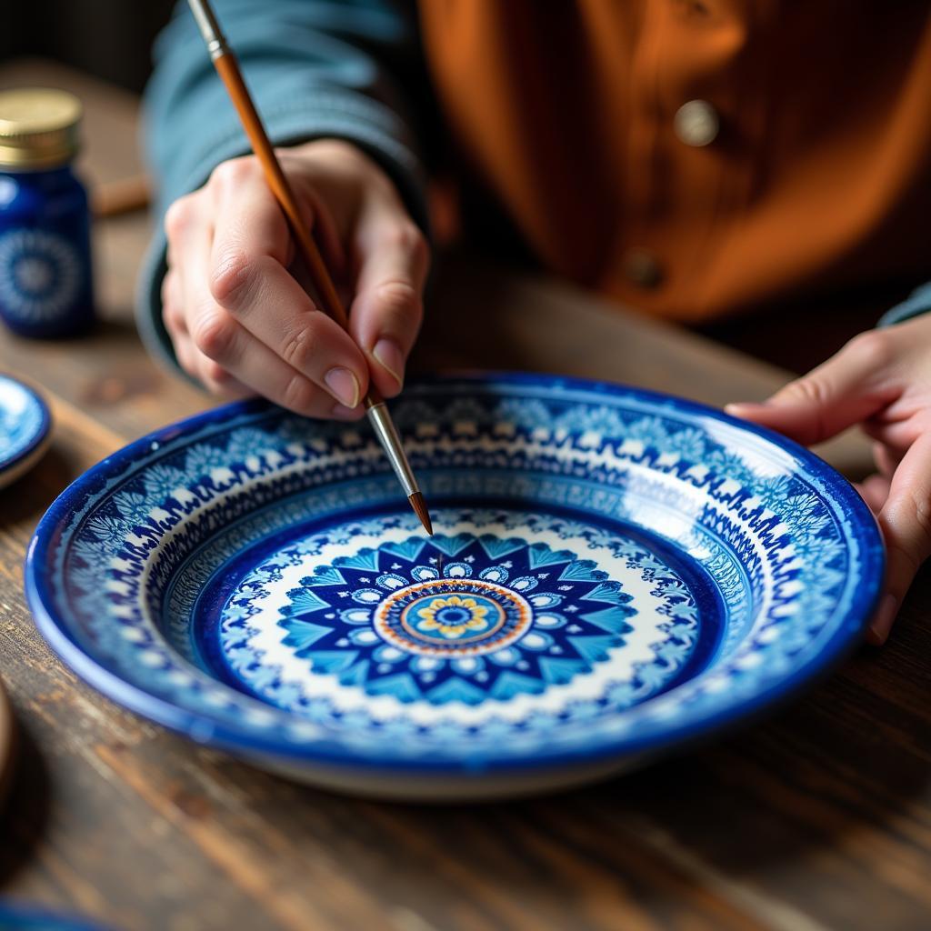 Turkish artisan meticulously painting a plate