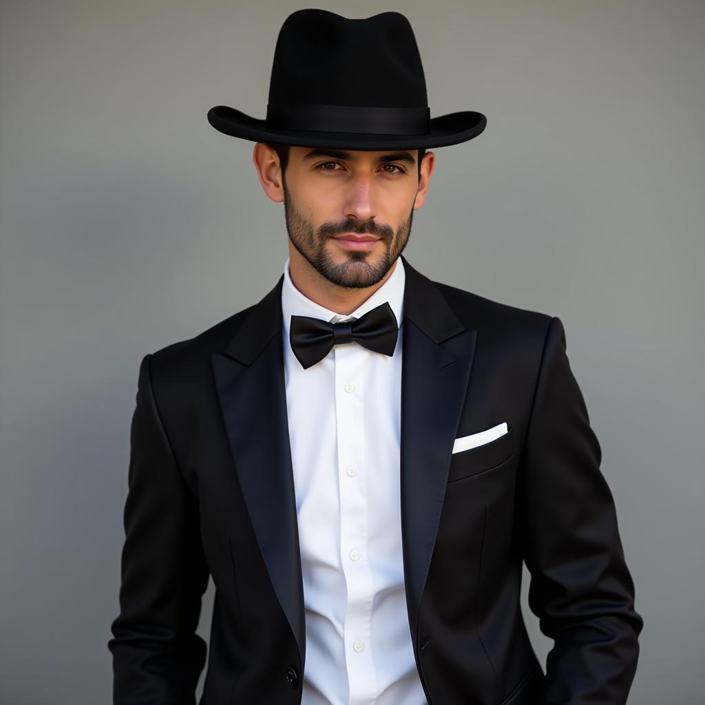 A man in a contemporary tuxedo, accessorized with a top hat