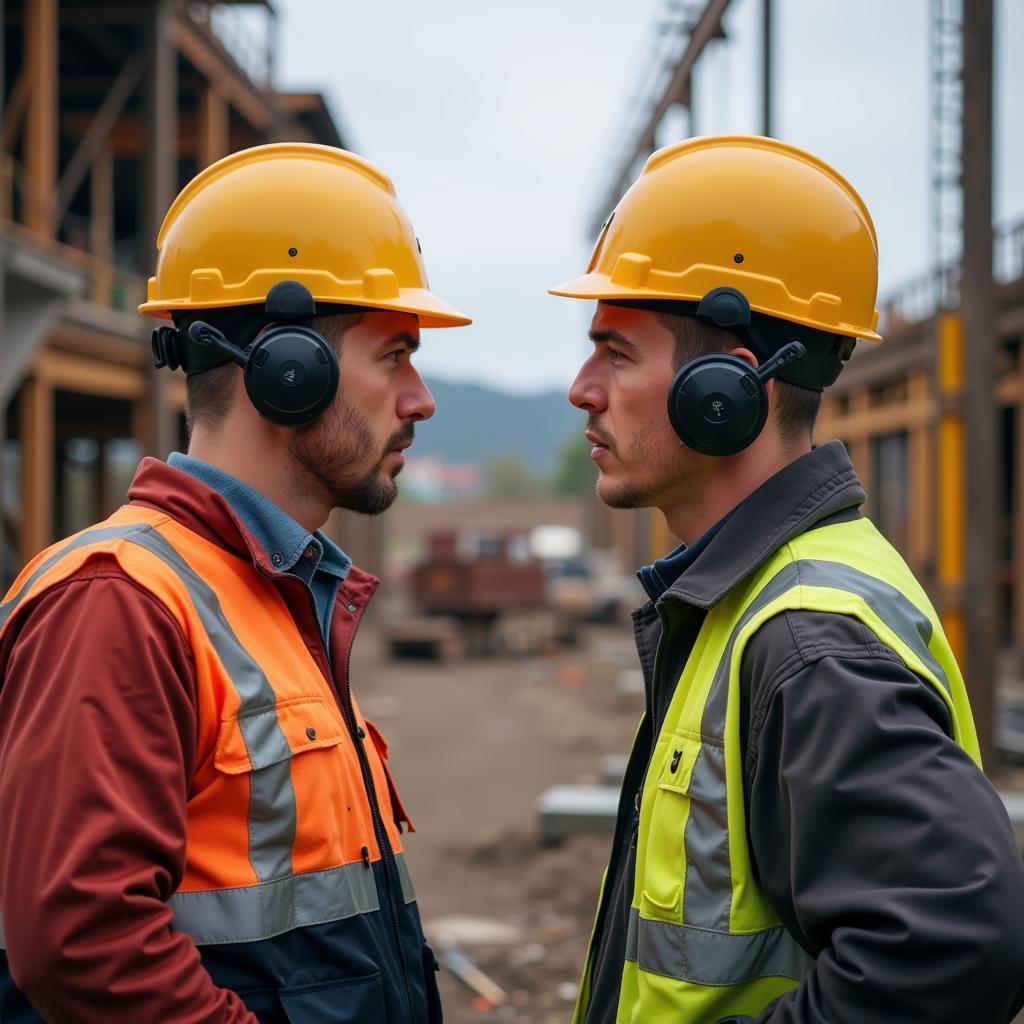 Two construction workers communicating using hard hat Bluetooth speakers