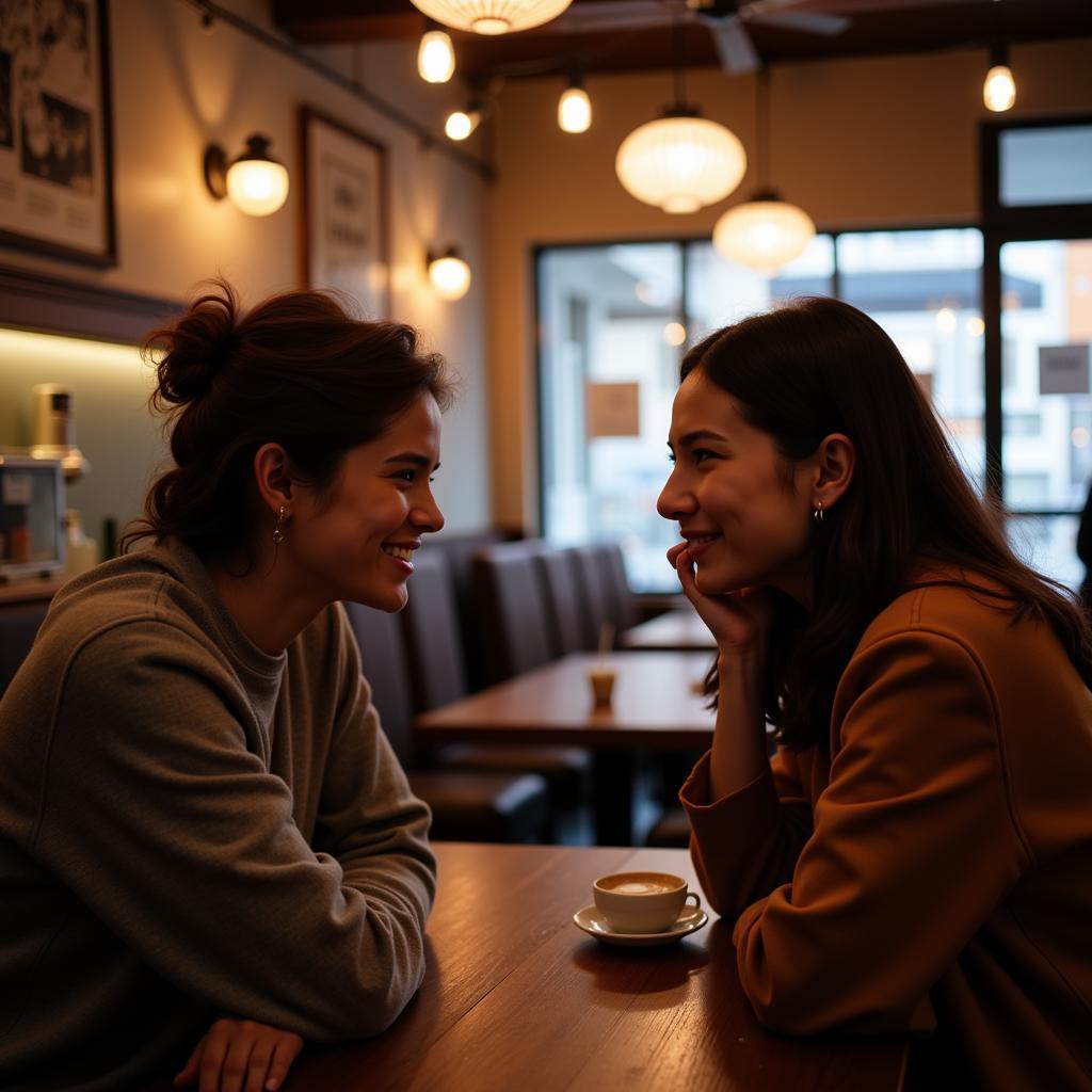 Two people chatting and smiling in a cafe