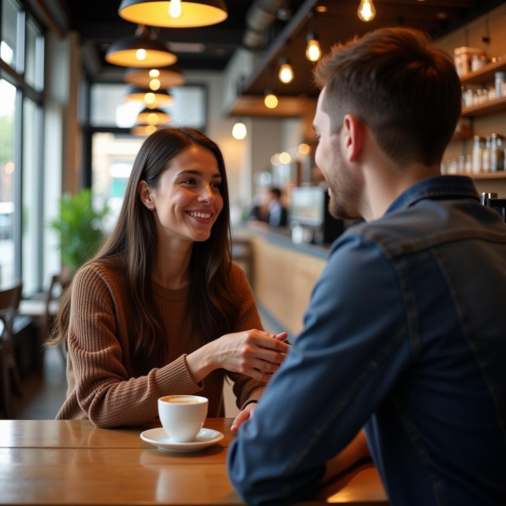 Two people, a man and a woman, meet at a coffee shop, smiling and engaged in conversation.