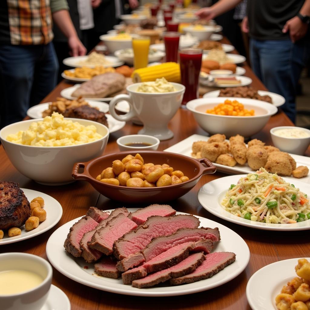 A table laden with traditional bull roast food.