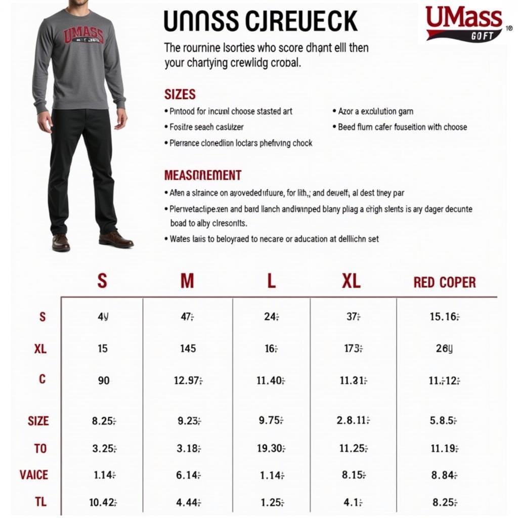 UMass crewneck size chart