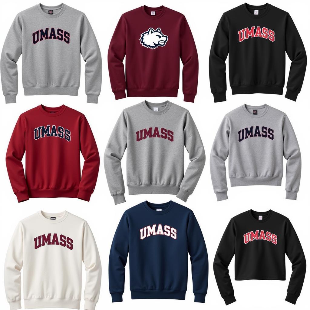 Different styles of UMass crewnecks