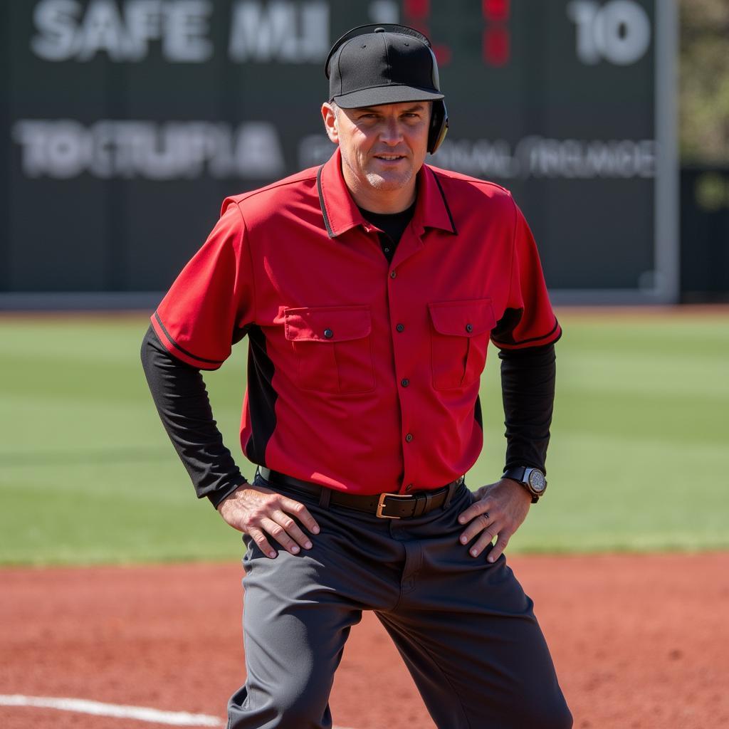 Umpire in red shirt calling a runner safe